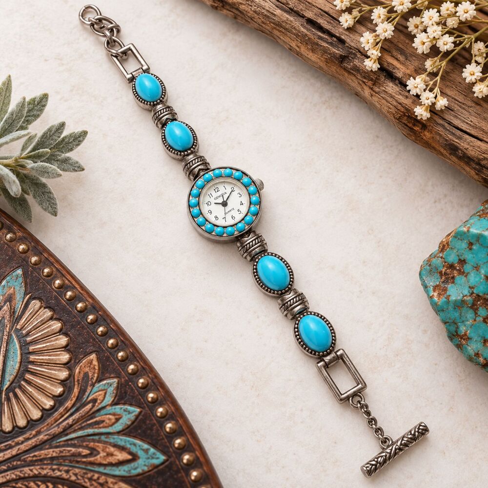 Vintage Geneva Womens Faux Turquoise Silver Tone Quartz Bracelet Watch Toggle